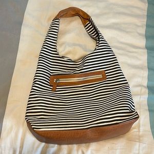 Joy Susan Black and White Striped Shoulder Bag with Brown Trim